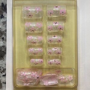 Airbrushed Designer Press-on Nails with Crystal Rhinestones & Pink Flowers